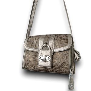 NWOT MC Marc Chantal Gray Vegan Leather Croc Embossed Crossbody Purse Silver